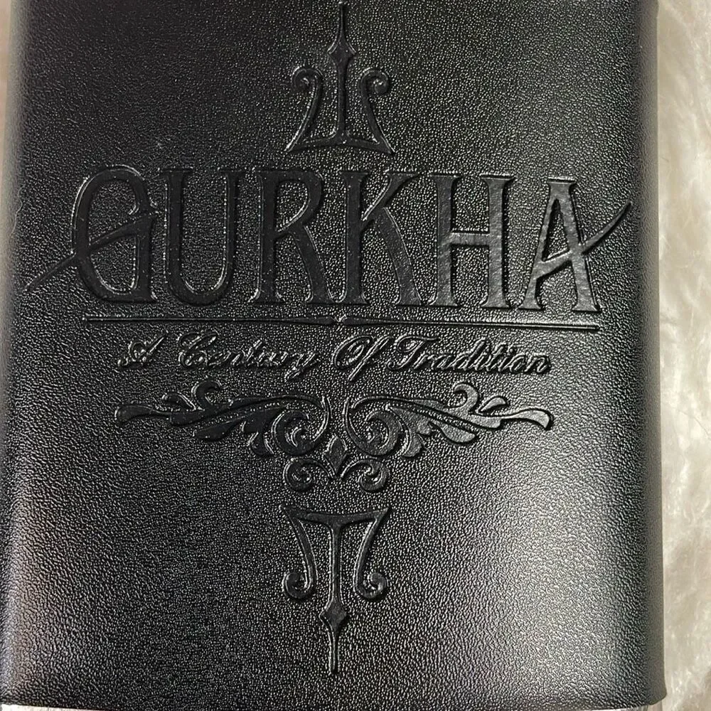 GURKHA SILVER HIP FLASK COVERED IN BLACK EMBOSSED LEATHER SLEEVE 4 1/2” Tall
